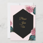 Elegante bruiloft uitnodiging, roze bloemen, zwart kaart (Achterkant)