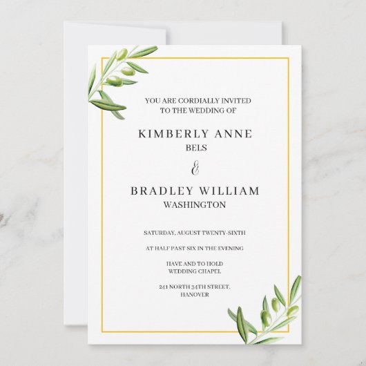 Elegante bruiloft uitnodigingskaart - olijfverlof kaart (Voorkant)