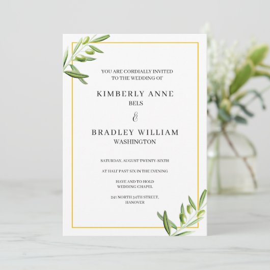 Elegante bruiloft uitnodigingskaart - olijfverlof kaart (Staand voorkant)