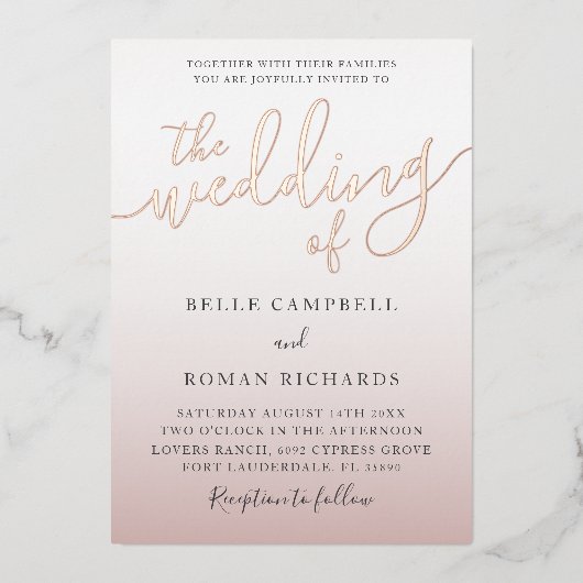 Elegante bruiloft van Roos gouden kalligrafie Folie Uitnodiging (Voorkant)