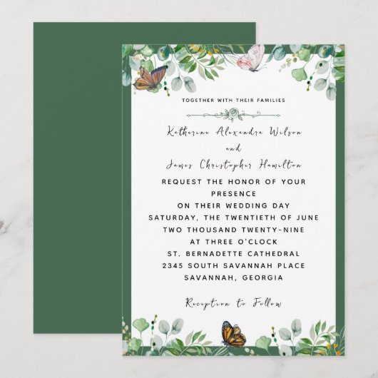 Elegante bruiloft Waterverf Bloemen Vlinder Groen Kaart (Voorkant / Achterkant)