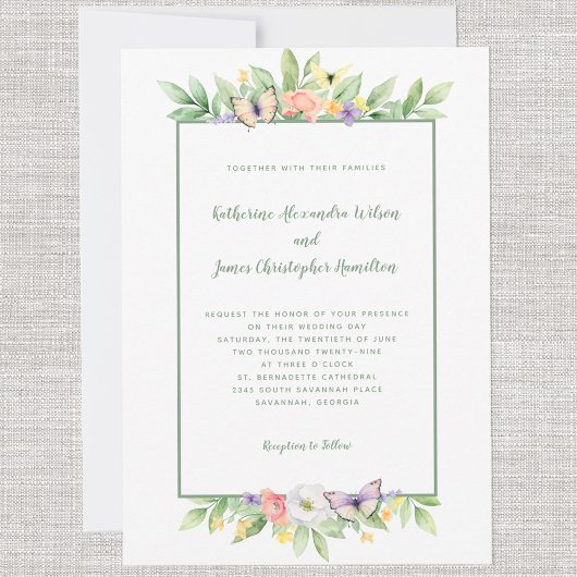 Elegante bruiloft Waterverf Bloemen Vlinder Groen Kaart