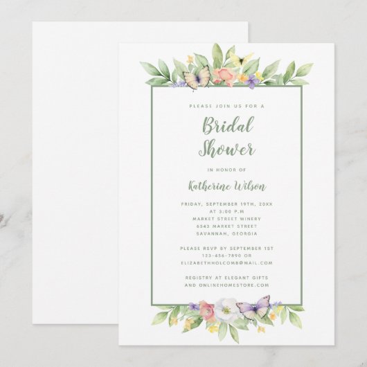 Elegante bruiloft Waterverf Bloemen Vlinder Groen Kaart (Voorkant / Achterkant)