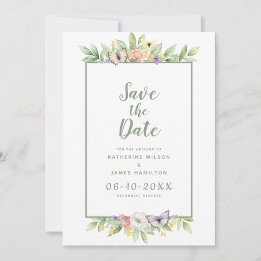 Elegante bruiloft Waterverf Bloemen Vlinder Groen Save The Date (Voorkant)