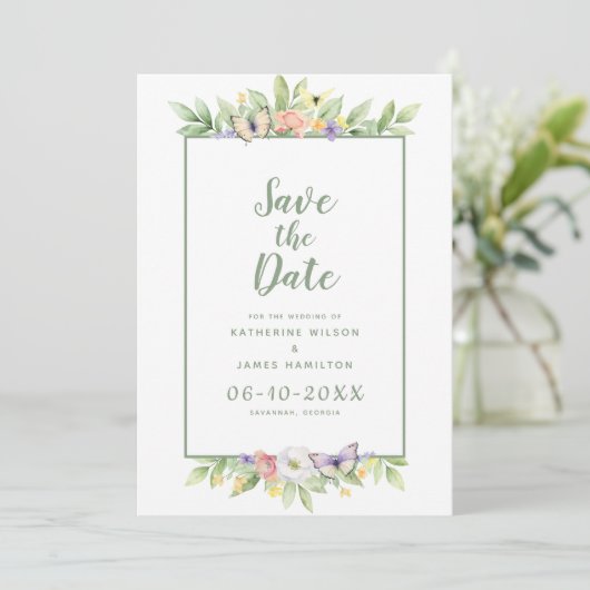 Elegante bruiloft Waterverf Bloemen Vlinder Groen Save The Date (Staand voorkant)
