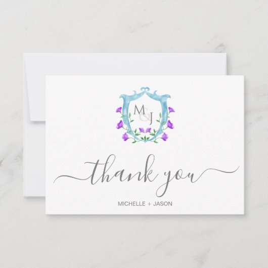 Elegante bruiloft Waterverf Crest Floral Monogram RSVP Kaartje (Voorkant)