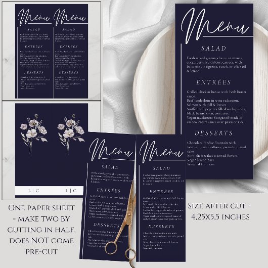 Elegante bruiloft waterverf dark navy dubbel menu