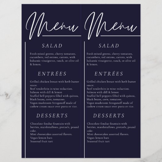 Elegante bruiloft waterverf dark navy dubbel menu (Voorkant)