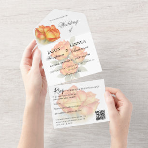 Elegante bruiloft Waterverf Rozen Pastelbloemblaad All In One Uitnodiging