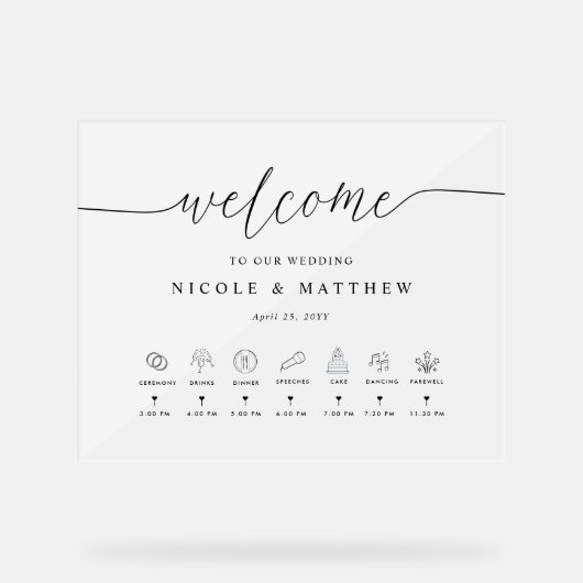 Elegante bruiloft welkom en tijdlijn Frosted Acryl Bord (Voorkant)