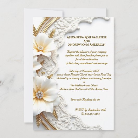 Elegante bruiloft Wit Goud Diamant Bloemen Bamboe Kaart (Achterkant)