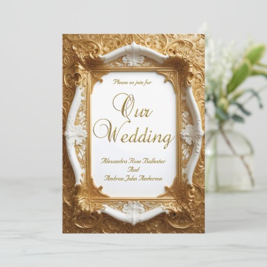 Elegante bruiloft Wit Goud Lijst Kaart (Staand voorkant)