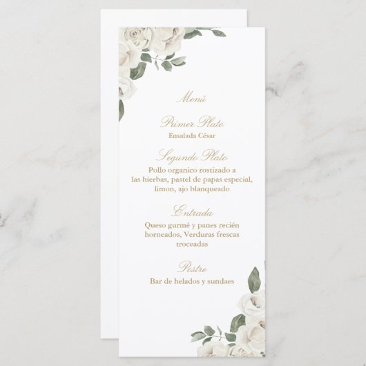 Elegante bruiloft wit roos boeket menu (Voorkant / Achterkant)