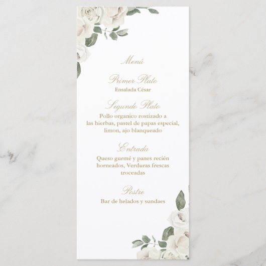 Elegante bruiloft wit roos boeket menu (Voorkant)