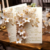 Elegante bruiloft witte kant goud roze bloemen kaart