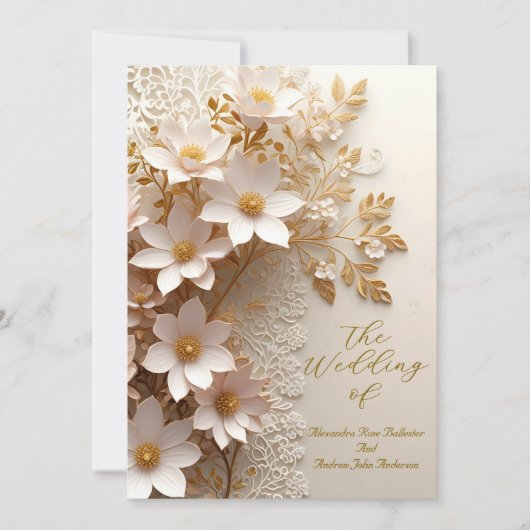 Elegante bruiloft witte kant goud roze bloemen kaart (Voorkant)