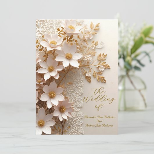 Elegante bruiloft witte kant goud roze bloemen kaart (Staand voorkant)