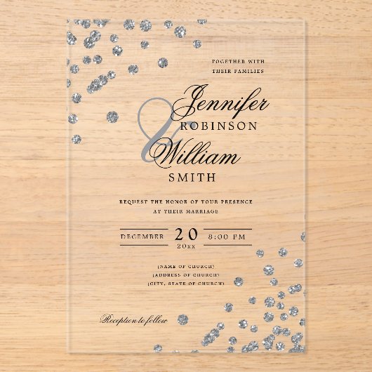 Elegante bruiloft zilveren glitter Confetti thema Acryl Uitnodigingen (Voorkant)