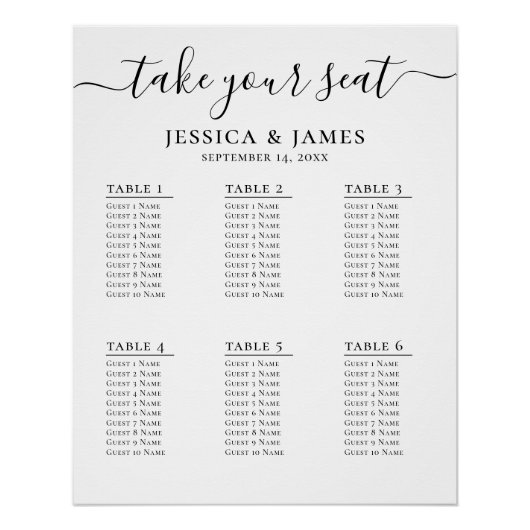 Elegante bruiloft zitgrafiek met 6 tafels perfect poster (Voorkant)