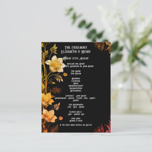 Elegante bruiloft zwart en goud bloemen uitnodigin briefkaart (Staand voorkant)