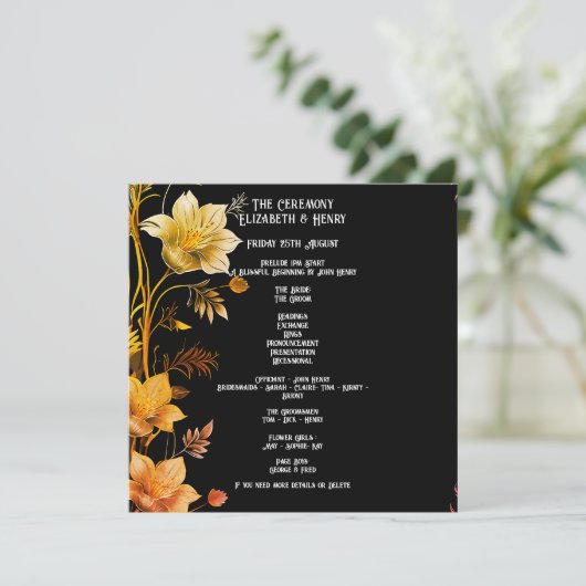 Elegante bruiloft zwart en goud bloemen uitnodigin kaart (Staand voorkant)