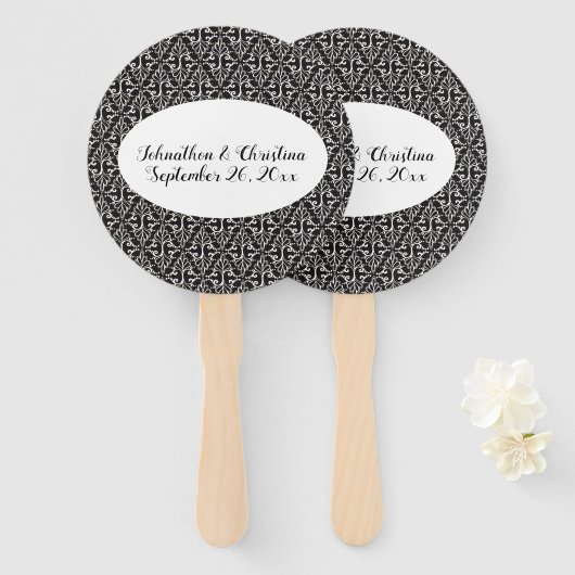 Elegante bruiloft zwart wit geschoven Damask Handwaaier (Voorkant en achterkant)