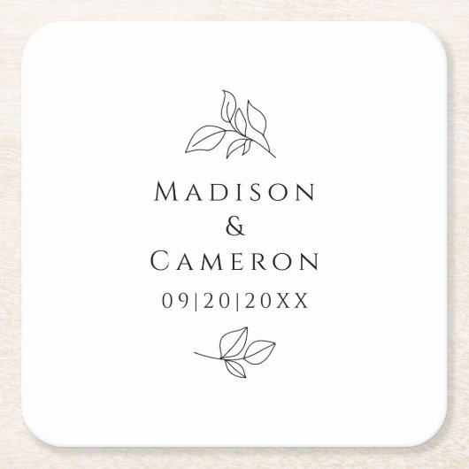 Elegante bruiloften bladeren namen & datum zwart w kartonnen onderzetters (Voorkant)