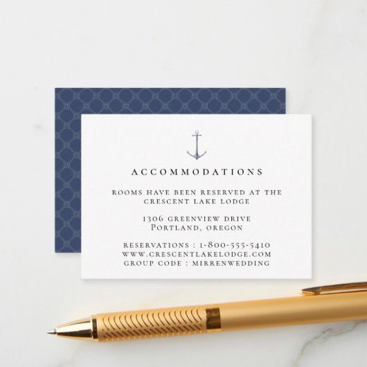 Elegante bruiloftsaccommodaties met nautisch anker informatiekaartje (Voorkant / Achterkant in situ)
