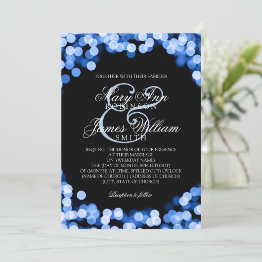 Elegante bruiloftsblauwe sprankelende lichten kaart (Staand voorkant)