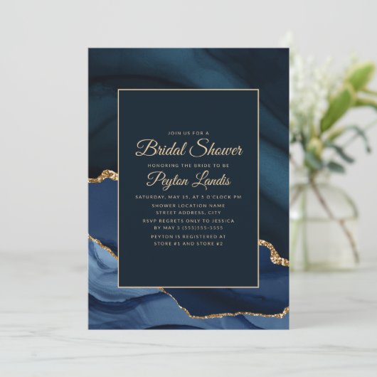 Elegante bruiloftsdouche in navyblauw met goud mar kaart (Staand voorkant)