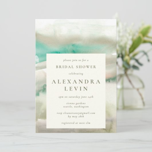 Elegante bruiloftsdouche in waterverf met smaragdg kaart (Staand voorkant)