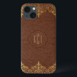 Elegante  bruin lederen gouden accenten Case-Mate iPhone case<br><div class="desc">Elegante  bruine tinten faux lederen look met gouden tinten bloemenkanten accenten.  monogram is optioneel.</div>