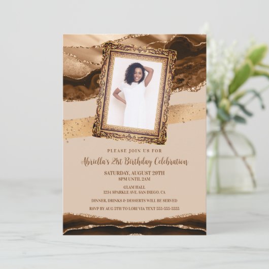 Elegante bruine agaat foto uitnodiging (Staand voorkant)