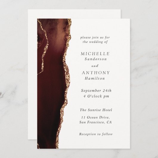 Elegante Bruine Agaat Goud Uitnodiging (Voorkant / Achterkant)