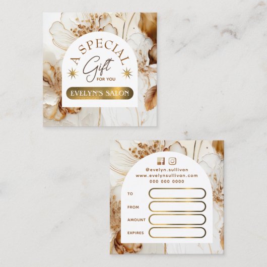 Elegante bruine bloemen cadeaubon vierkante visitekaartje (Voorkant / Achterkant)