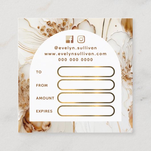 Elegante bruine bloemen cadeaubon vierkante visitekaartje (Achterkant)