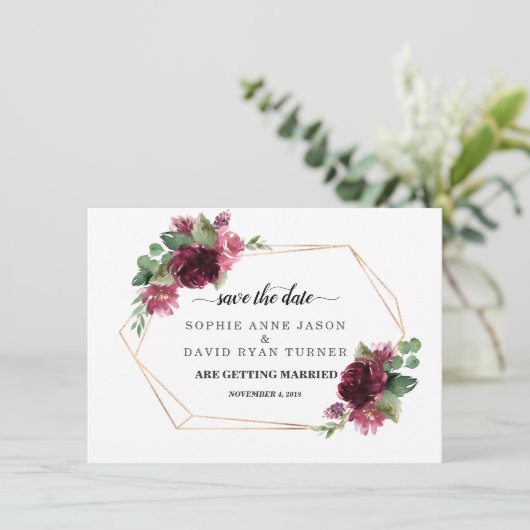 Elegante bruine bloemen gouden lijst bruiloft save the date (Staand voorkant)