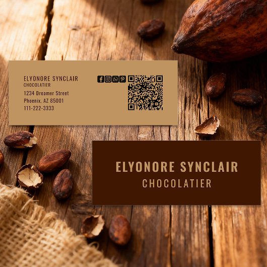 Elegante bruine Chocolatier Social Icon QR Code  Mini Visitekaartje