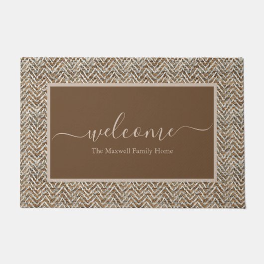 Elegante bruine crème chevron scriptnaam deurmat (Voorkant)