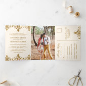 Elegante bruine damast traditionele Indiase bruilo Drieluik Uitnodiging (Binnen)