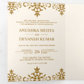 Elegante bruine damast traditionele Indiase bruilo Drieluik Uitnodiging (Binnenzijde eerst)