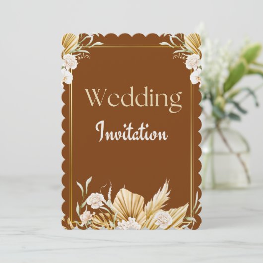 Elegante bruine en beige bloemen bruiloft uitnodig kaart (Staand voorkant)