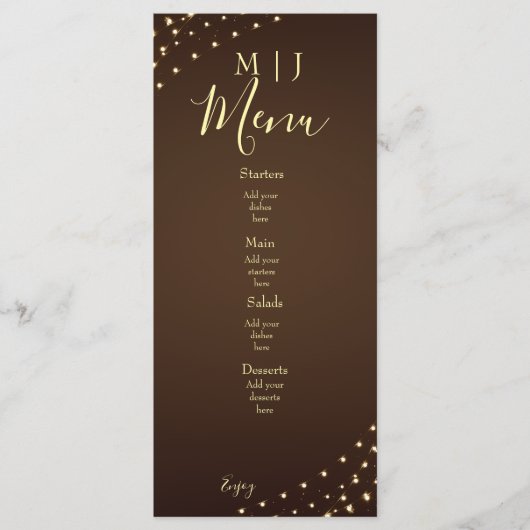 Elegante bruine en gouden slingerlichtjes bruiloft menu (Voorkant)