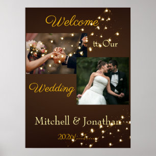Elegante bruine en gouden slingerlichtjes bruiloft poster