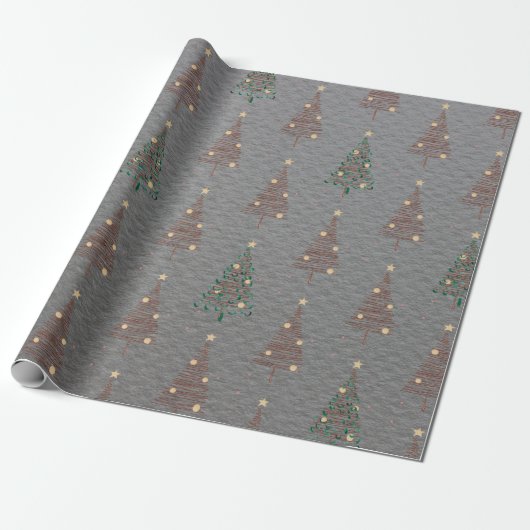 Elegante Bruine en Groene Kerstbomen Staal Grijs Cadeaupapier (Uitgerold)