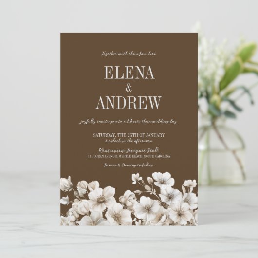 Elegante bruine en witte bloemenbruiloft kaart (Staand voorkant)