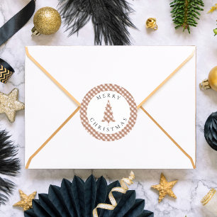 Elegante bruine gingham geruite dennen kerst ronde sticker