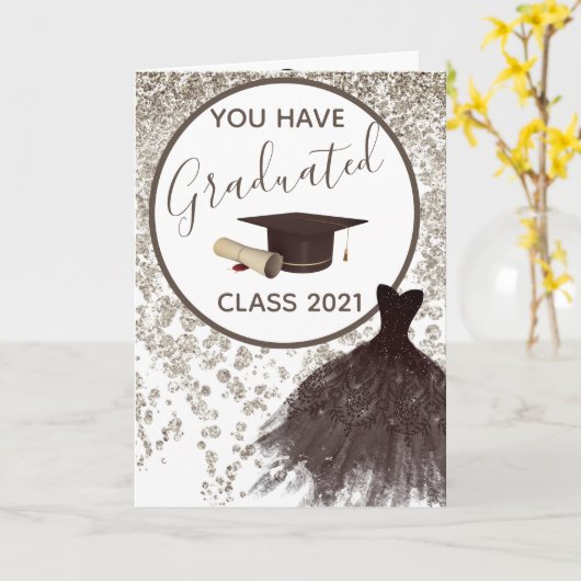 Elegante bruine glitter Je kunt de jurk Afstudeerd Kaart (Gele Bloem)