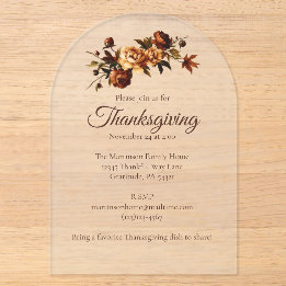 Elegante bruine herfstrozen bloemige Thanksgiving Acryl Uitnodigingen