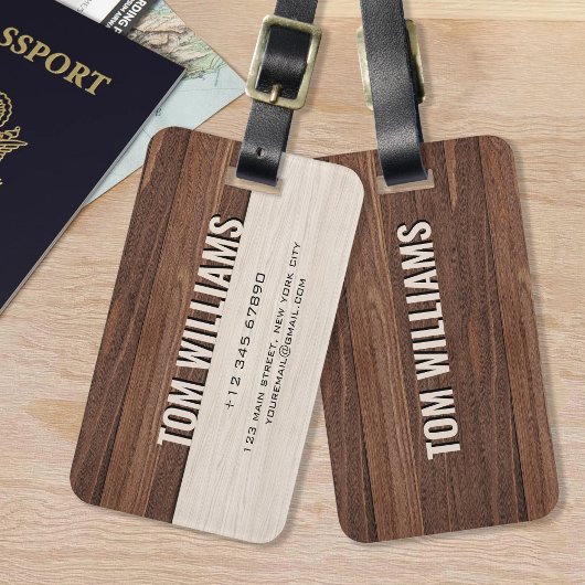 Elegante bruine houten textuur moderne stijl monog bagagelabel